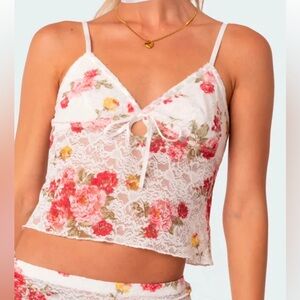 Edikted White Lace Camisole with Pink & Red Floral Print